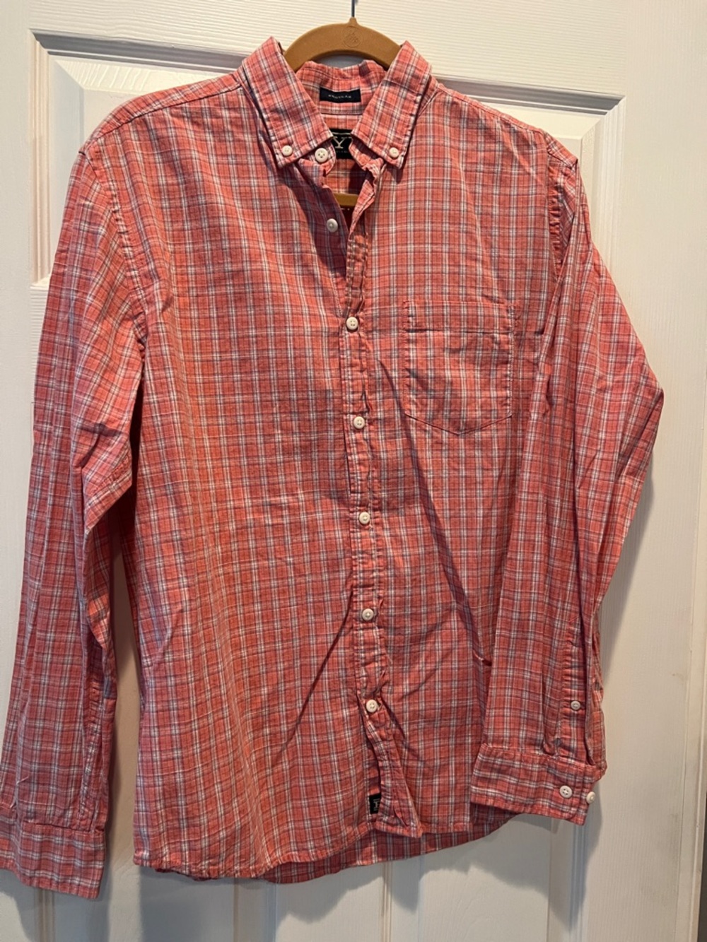 Rye Red Plaid Long-Sleeve Button-Down Shirt. Coral shade with blue plaid accent